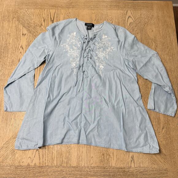 Karen Kane Women's Medium Lyocell‎ Denim Floral Embroidered Lace Up Front Shirt - Picture 1 of 10